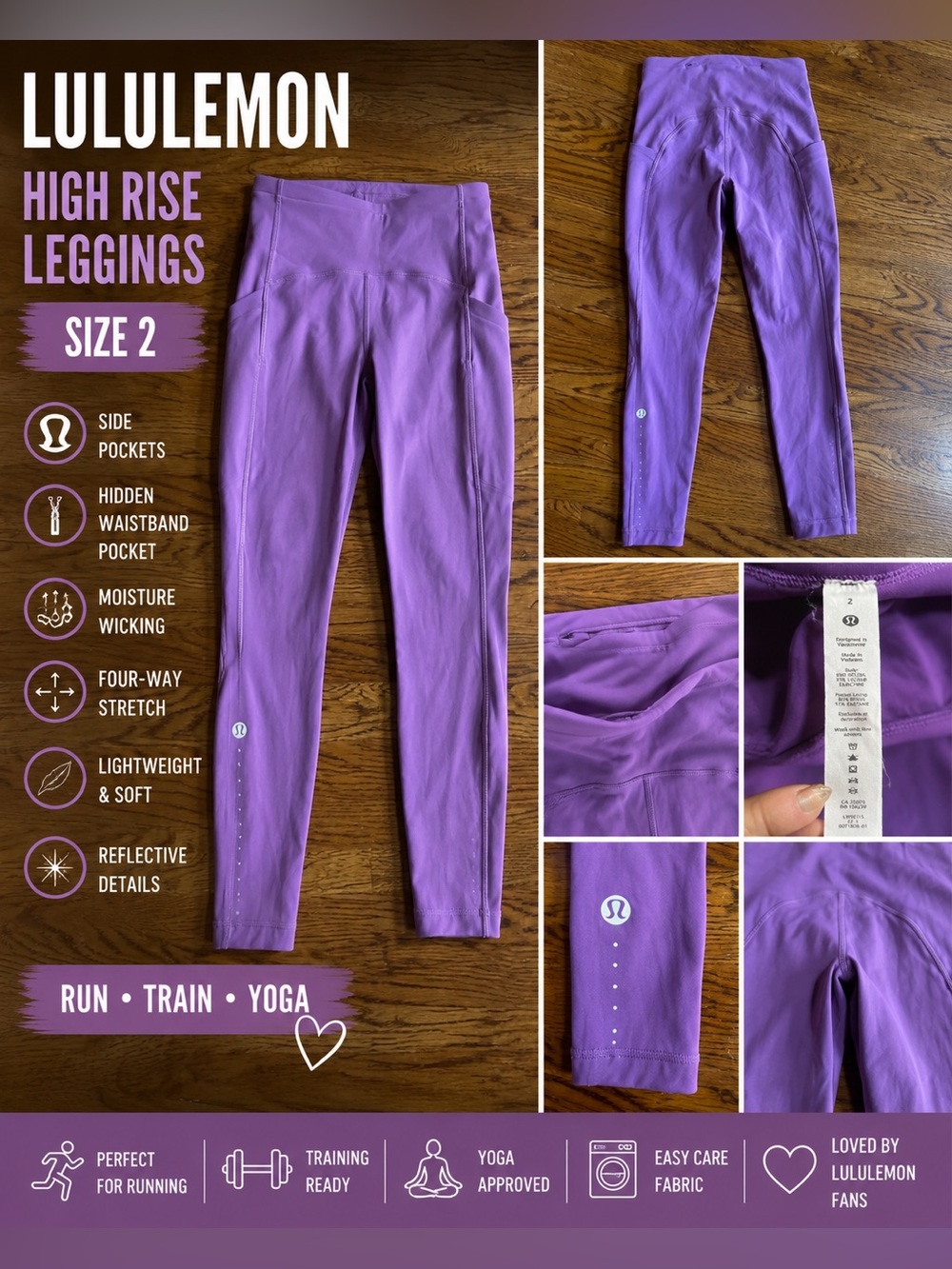 Lululemon Fast & Free High Rise Leggings Berry colored Side Pocket Size 2